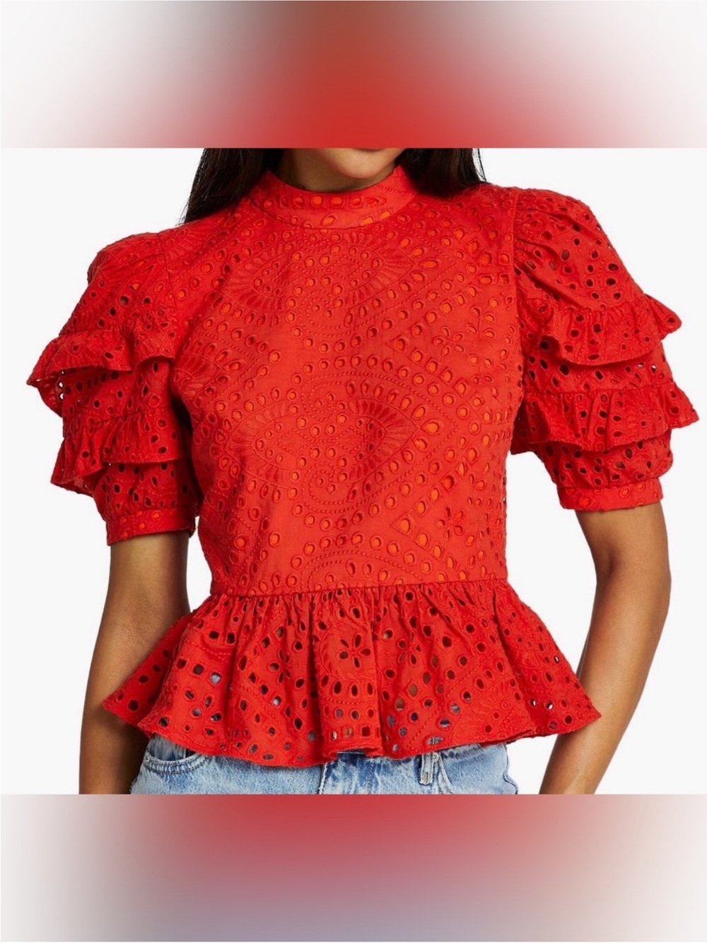 River Island Size 10 Red Eyelet Peplum Ruffle Sleeve Top Open Back Tie